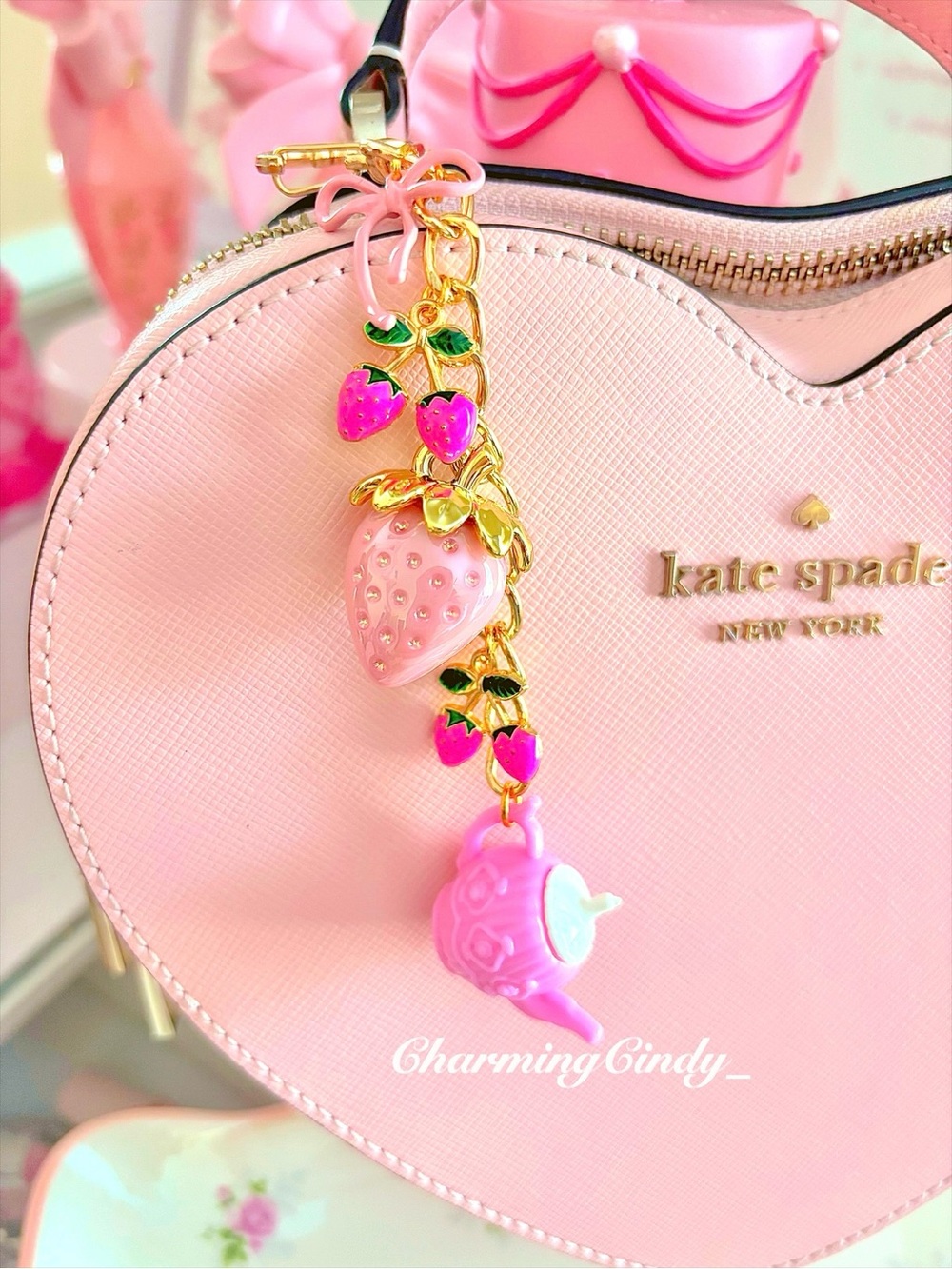 Pink strawberry tea party bag charm.